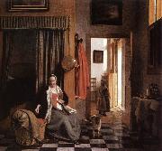 HOOCH, Pieter de Mother Lacing Her Bodice beside a Cradle s oil on canvas